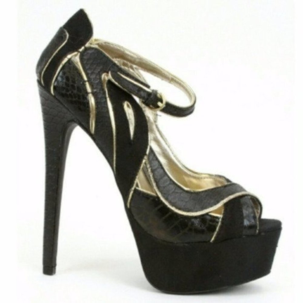 bebe Clarissa Black and Gold Platform High Heel Sandals